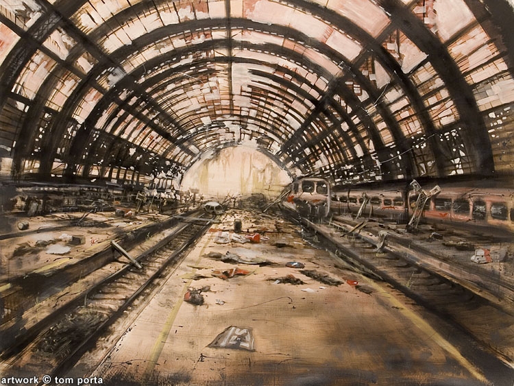 Stazione Centrale di Milano in versione post-apocalittica (dipinto di Tom Porta).