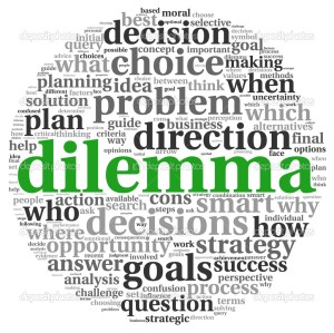 Dilemma and decision making concept in tag cloud on white background